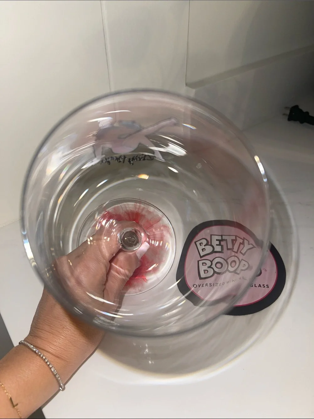 Betty Boop Clear Wine Glass with Red Artwork and Red Feather Base